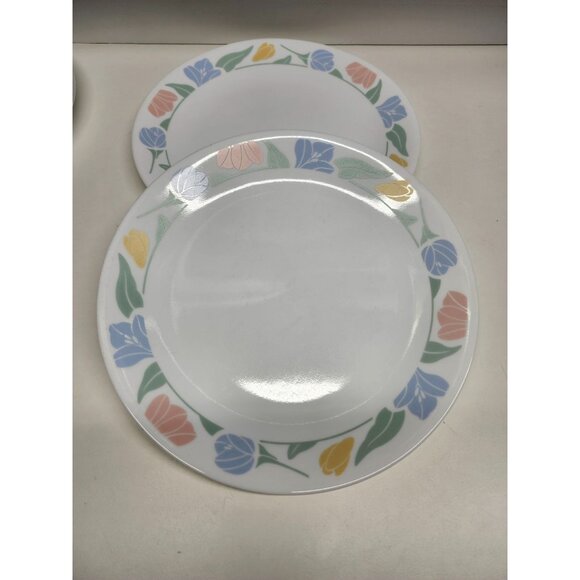 2- Corelle Friendship 10.25" Dinner Plates, Tulip Flower Rim Vintage - Picture 7 of 8